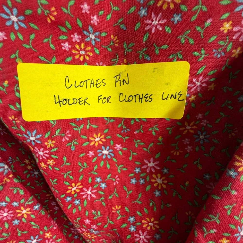 Handmade Vintage Style Clothespin Holder Apron Red Floral Ticking Stripe Lace